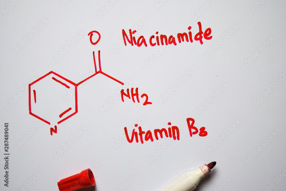 Eczema Lotion For Babies – What Are The Ingredients To Look For? 5 Niaoinamide (Vitamin B3) molecule written on the white board. Structural chemical formula. Education concept