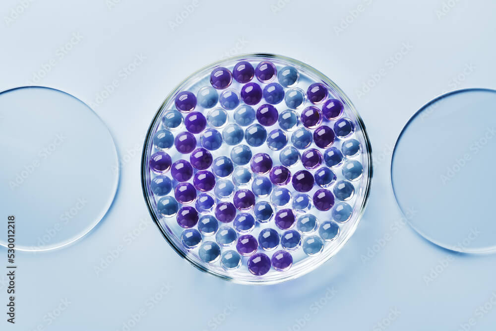 Sample of gel bubbles in petri dish on blue background, hard shadows. Abstract science, medicine and beauty concept