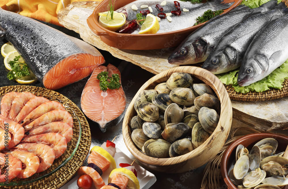 fishes,clams and prawns